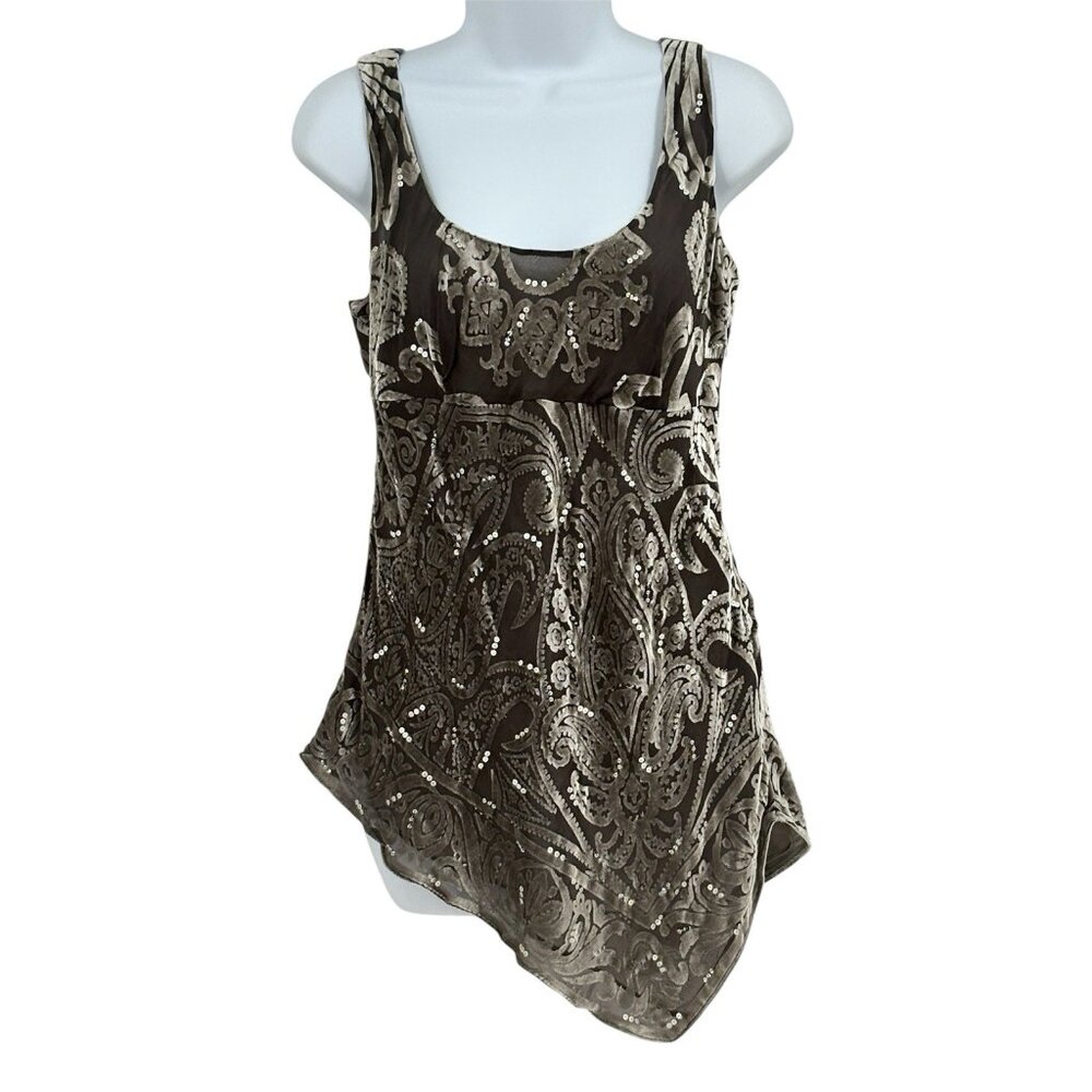 Silver Silk Burn Out Velvet Sequin Asymmetrical Sleeveless Elve Fairy Glam Top 6